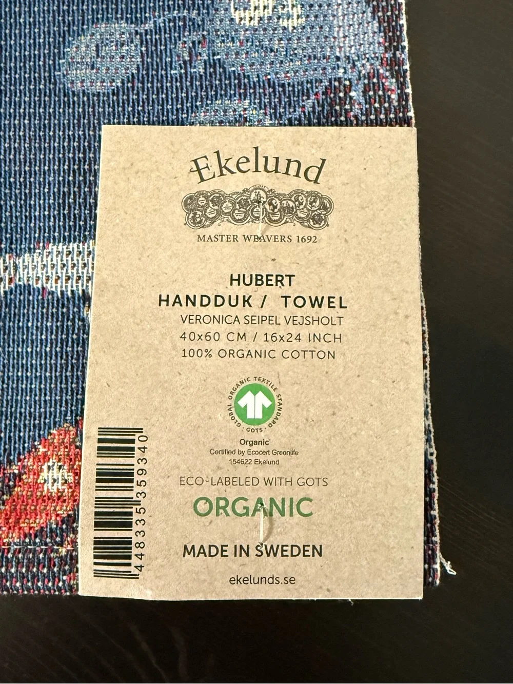 NWT Ekelund Towel Hubert 16x24 Made Sweden 100% Organic Cotton Veronica Seipel